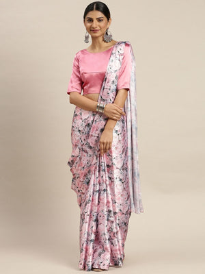 Rajwada Pink Satin Printed Saree With Unstitched Blouse For Women