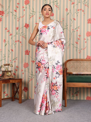 Rajwada White Satin Printed Saree With Unstitched Blouse For Women