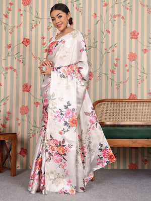 Rajwada White Satin Printed Saree With Unstitched Blouse For Women