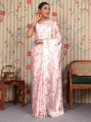 Rajwada Pink Satin Printed Saree With Unstitched Blouse For Women
