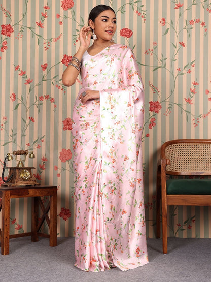Rajwada Pink Satin Printed Saree With Unstitched Blouse For Women