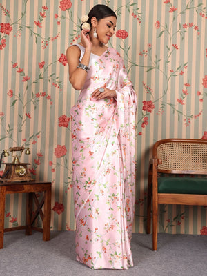 Rajwada Pink Satin Printed Saree With Unstitched Blouse For Women