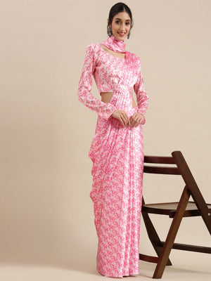 Rajwada Pink And White Satin Printed Saree With Unstitched Blouse For Women