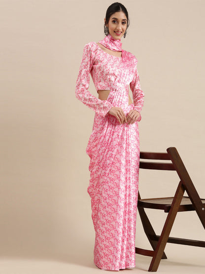 Rajwada Pink And White Satin Printed Saree With Unstitched Blouse For Women