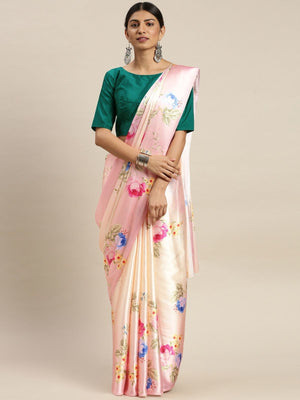 Rajwada Peach Satin Printed Saree With Unstitched Blouse For Women