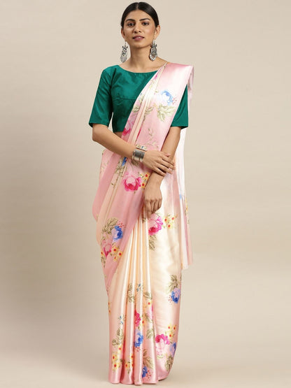 Rajwada Peach Satin Printed Saree With Unstitched Blouse For Women