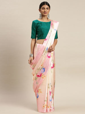 Rajwada Peach Satin Printed Saree With Unstitched Blouse For Women