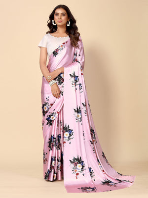 Rajwada Pink Satin Printed Saree With Unstitched Blouse For Women