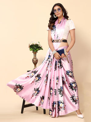 Rajwada Pink Satin Printed Saree With Unstitched Blouse For Women