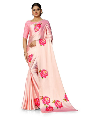 Rajwada Peach Satin Printed Saree With Unstitched Blouse For Women