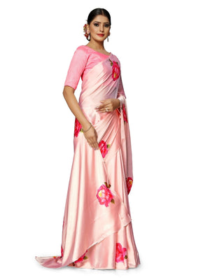 Rajwada Peach Satin Printed Saree With Unstitched Blouse For Women