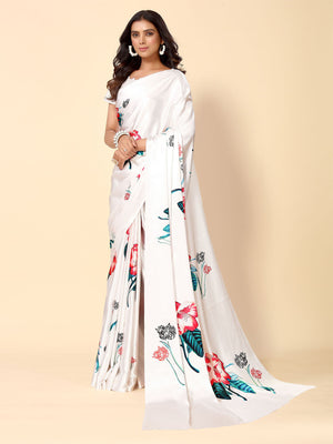 Rajwada White Satin Printed Saree With Unstitched Blouse For Women