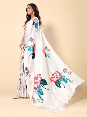 Rajwada White Satin Printed Saree With Unstitched Blouse For Women