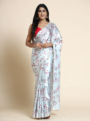 Rajwada White Satin Printed Saree With Unstitched Blouse For Women