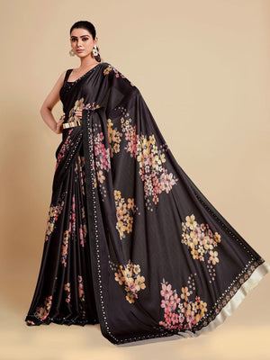 Rajwada Black Satin Printed Saree With Unstitched Blouse For Women