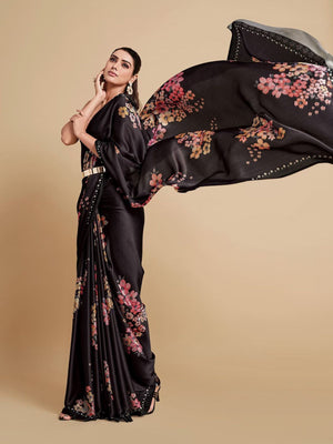 Rajwada Black Satin Printed Saree With Unstitched Blouse For Women