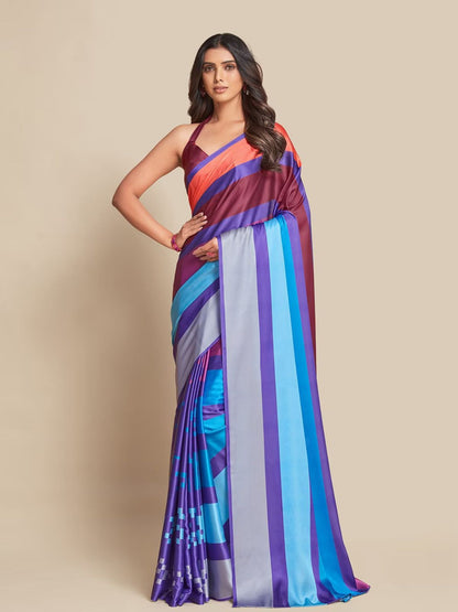 Rajwada Blue And Multicolor Satin Printed Saree With Unstitched Blouse For Women