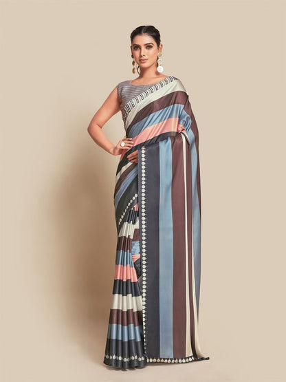Rajwada Multicolor Satin Printed Saree With Unstitched Blouse For Women
