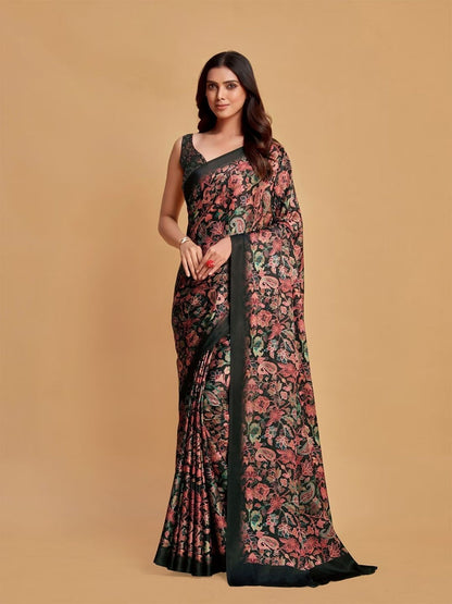 Rajwada Black And Brown Satin Printed Saree With Unstitched Blouse For Women