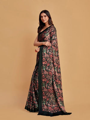 Rajwada Black And Brown Satin Printed Saree With Unstitched Blouse For Women