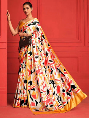 Rajwada Yellow And Multicolor Satin Printed Saree With Unstitched Blouse For Women