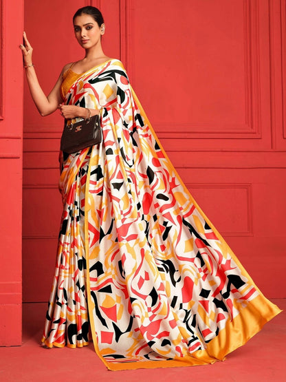 Rajwada Yellow And Multicolor Satin Printed Saree With Unstitched Blouse For Women