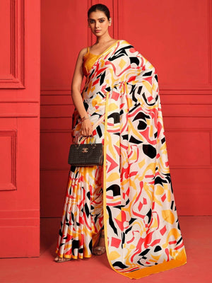 Rajwada Yellow And Multicolor Satin Printed Saree With Unstitched Blouse For Women