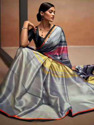 Rajwada Multicolor Satin Printed Saree With Unstitched Blouse For Women