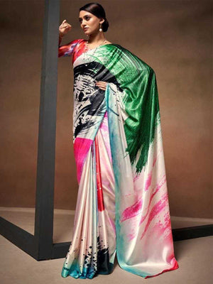 Rajwada Multicolor Satin Printed Saree With Unstitched Blouse For Women