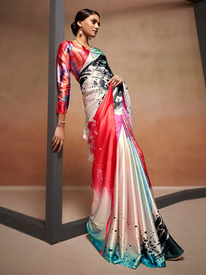 Rajwada Multicolor Satin Printed Saree With Unstitched Blouse For Women