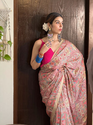 Rajwada Peach Satin Printed Saree With Unstitched Blouse For Women