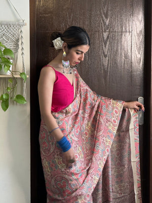 Rajwada Peach Satin Printed Saree With Unstitched Blouse For Women