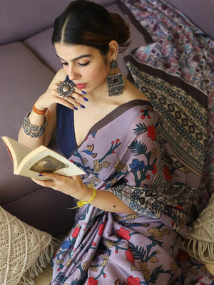 Rajwada Purple Satin Printed Saree With Unstitched Blouse For Women