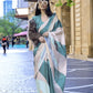 Rajwada White And Teal Satin Printed Saree With Unstitched Blouse For Women