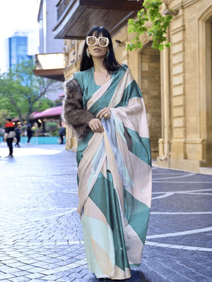 Rajwada White And Teal Satin Printed Saree With Unstitched Blouse For Women