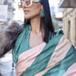 Rajwada White And Teal Satin Printed Saree With Unstitched Blouse For Women