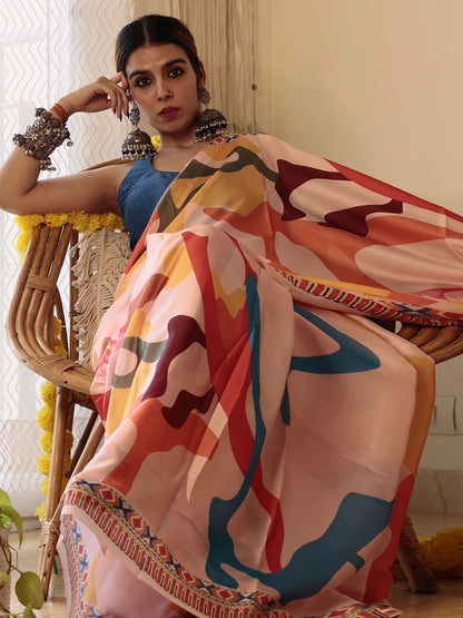 Rajwada Multicolor Satin Printed Saree With Unstitched Blouse For Women