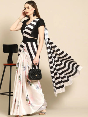 Rajwada White And Black Satin Printed Saree With Unstitched Blouse For Women