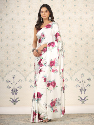 Rajwada White Satin Printed Saree With Unstitched Blouse For Women