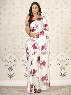 Rajwada White Satin Printed Saree With Unstitched Blouse For Women