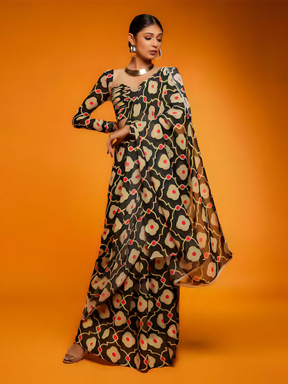 Rajwada Black And Beige Satin Printed Saree With Unstitched Blouse For Women