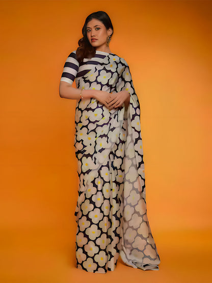 Rajwada Blue And Beige Satin Printed Saree With Unstitched Blouse For Women