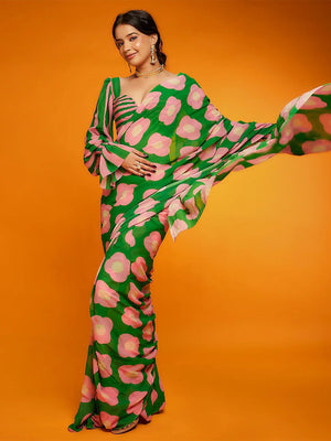 Rajwada Green And Pink Satin Printed Saree With Unstitched Blouse For Women