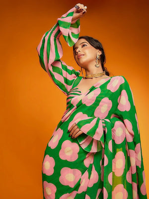 Rajwada Green And Pink Satin Printed Saree With Unstitched Blouse For Women