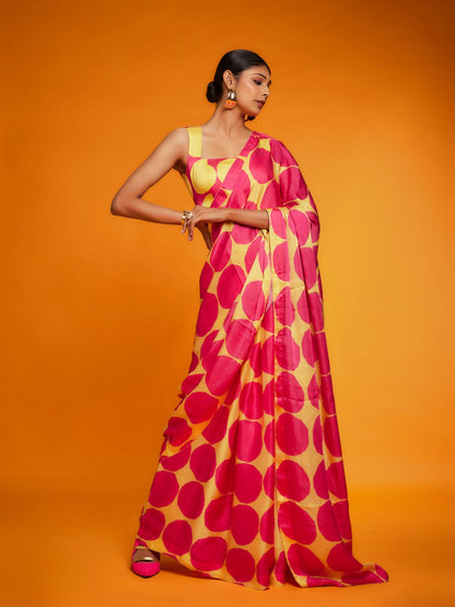 Rajwada Yellow And Pink Satin Printed Saree With Unstitched Blouse For Women