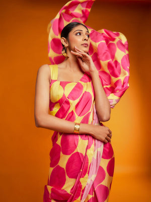 Rajwada Yellow And Pink Satin Printed Saree With Unstitched Blouse For Women