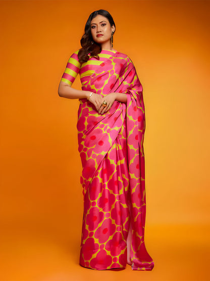 Rajwada Pink And Yellow Satin Printed Saree With Unstitched Blouse For Women