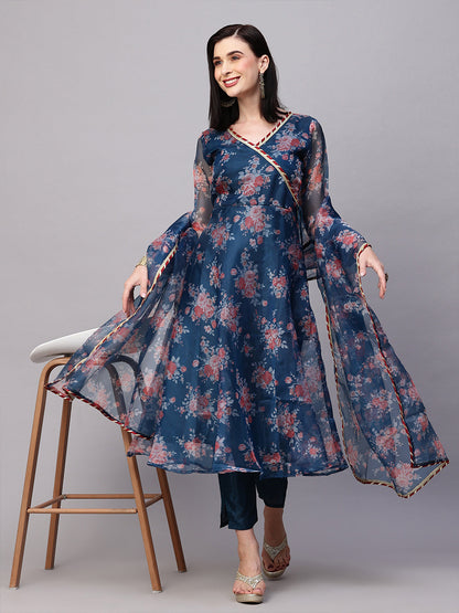 Rajwada Blue Organza Printed Stitched Kurta Set For Women