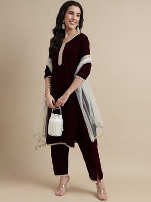 Rajwada Wine Velvet Embellished  Stitched Kurta Set For Women