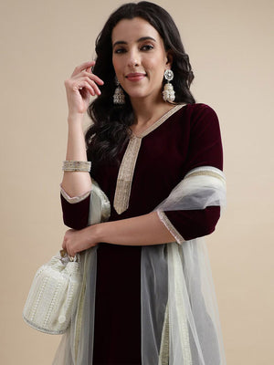 Rajwada Wine Velvet Embellished  Stitched Kurta Set For Women
